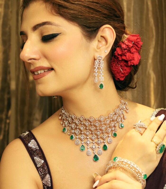 Diamond Lattice Emerald Drop Necklace